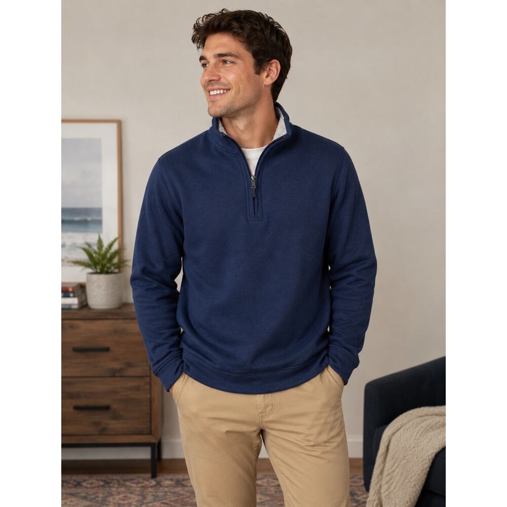 Orvis Mens Quarter Zip Pullover Sweater Navy Blue Waffle Knit Sherpa Collar XL